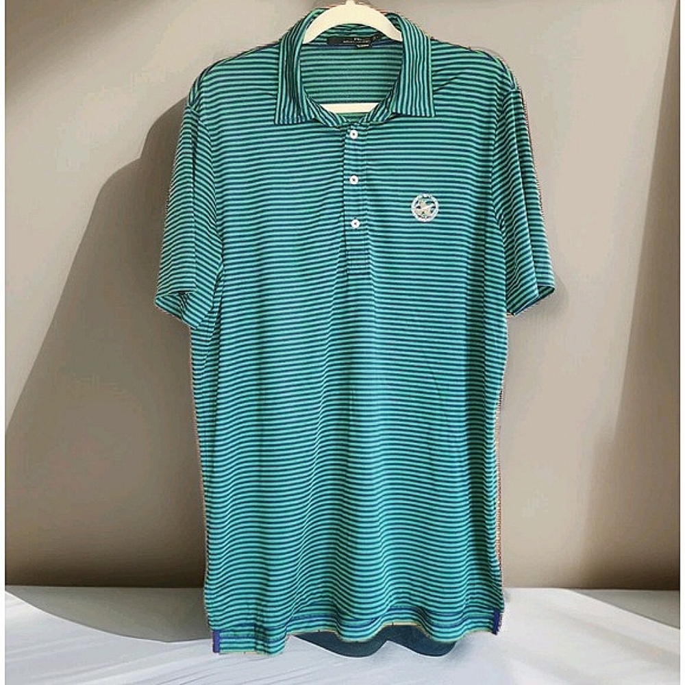 Ralph Lauren RLX Polo Shirt Size L‎ Green Blue Stripe Logo Golf Casual Top